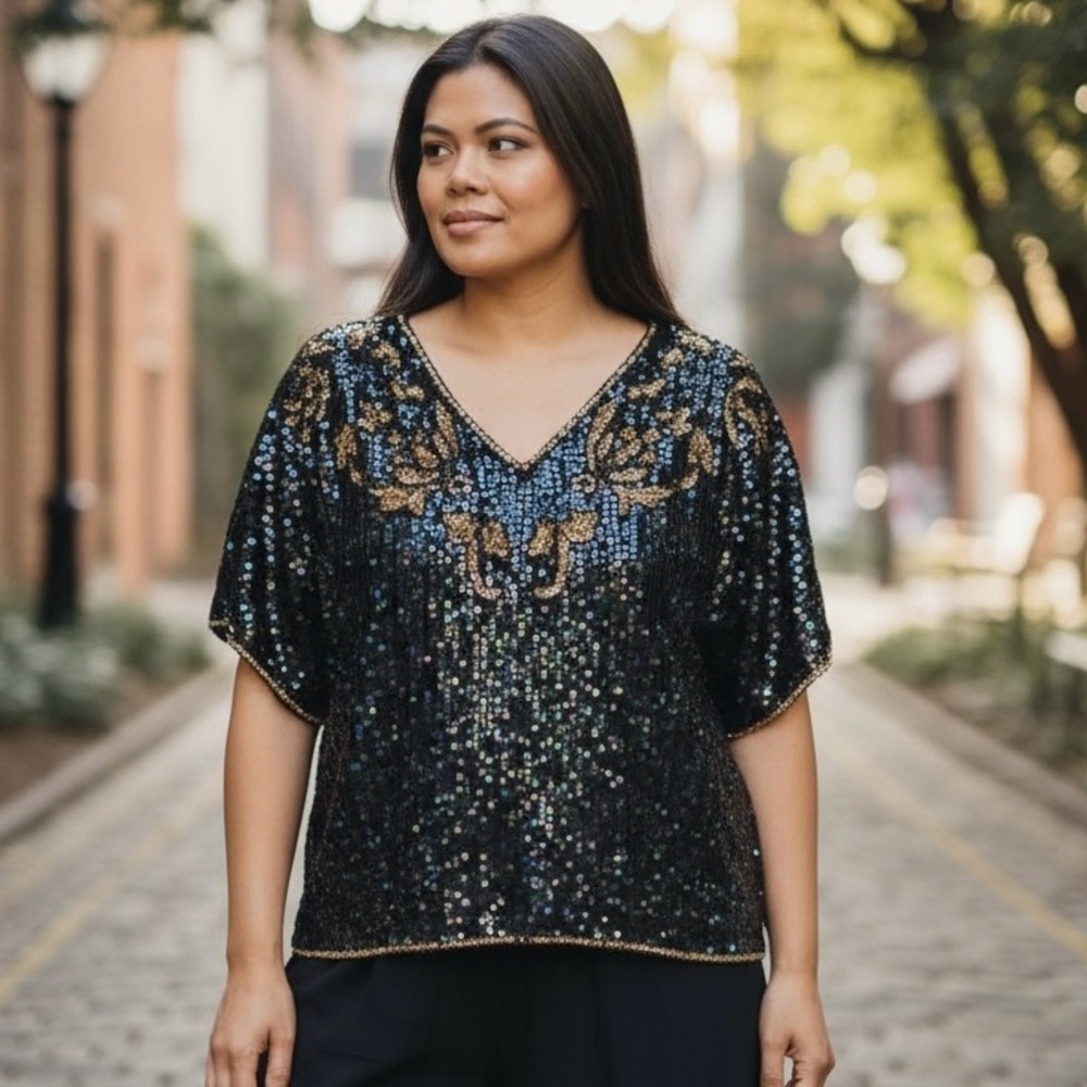 Elegance By Anuran Silk vintage 
Sequined Top size L